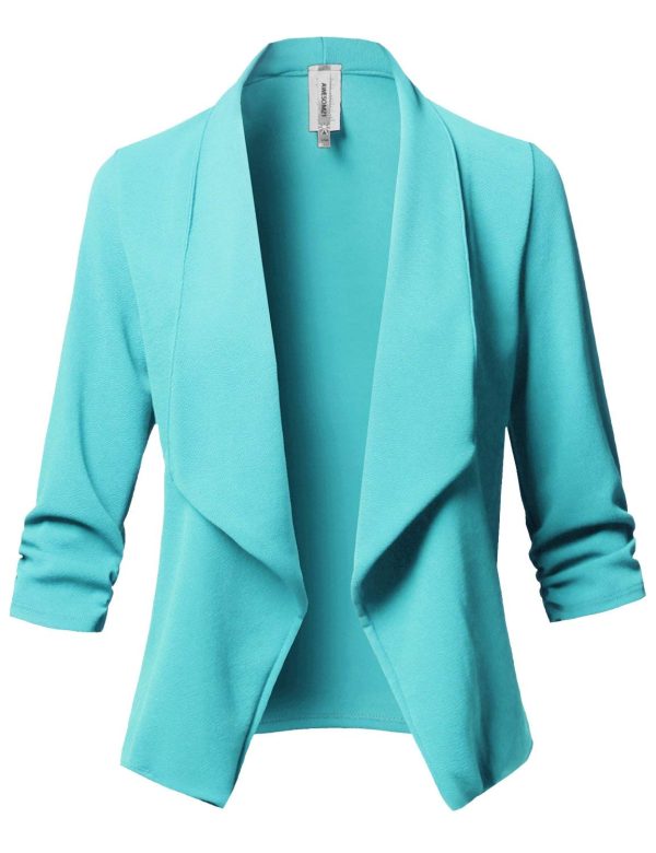 Women's Stretch 3/4 Gathered Sleeve Open Blazer Jacket