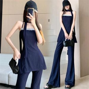 Women's Lace Trim Set - V-Neck Halter Top & Draped Pants