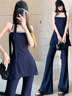 Women's Lace Trim Set - V-Neck Halter Top & Draped Pants