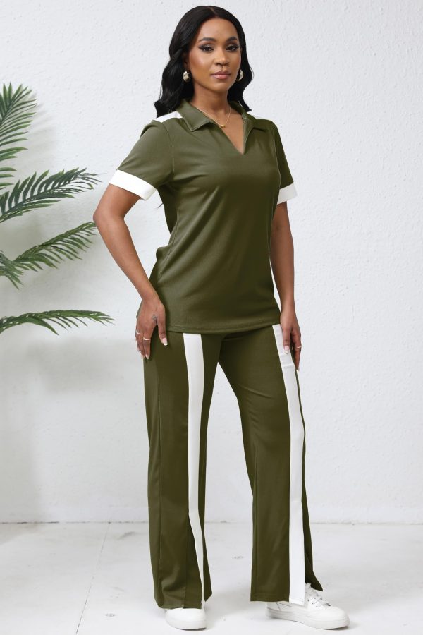 Women's Lounge 2 Peice Outfit Dressy Casual Short Sleeve Flared Slit Wide Leg Pants Set Match Sweatsuit