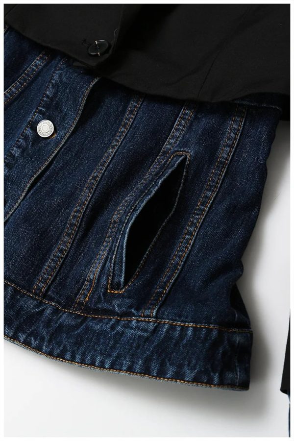 Women Blazer Denim Patchwork Fake Two Blazers And Jackets Color Matching Asymmetry Suit Coats