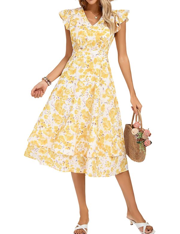 Womens Dresses Summer Short Sleeve Ruffle Floral V Neck Flowy Aline Casual Tiered Wedding Guest Midi Sundress