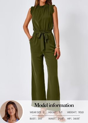 Jumpsuits For Women Dressy Summer One Piece Sleeveless Ruffle Mock Neck Belt Pockets Formal Wide Leg Pants Romper