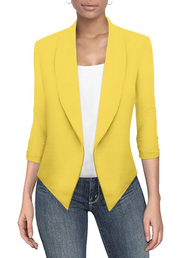 Lightweight Open Front Cardigan Classic Ruched Sleeve Work Office Blazer Suit Jackets