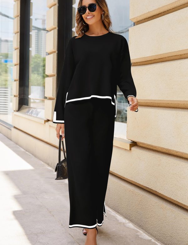 Women's 2 Piece Outfits Long Sleeve Knit Sweater Top Wide Leg Pants Lounge Sets Tracksuits