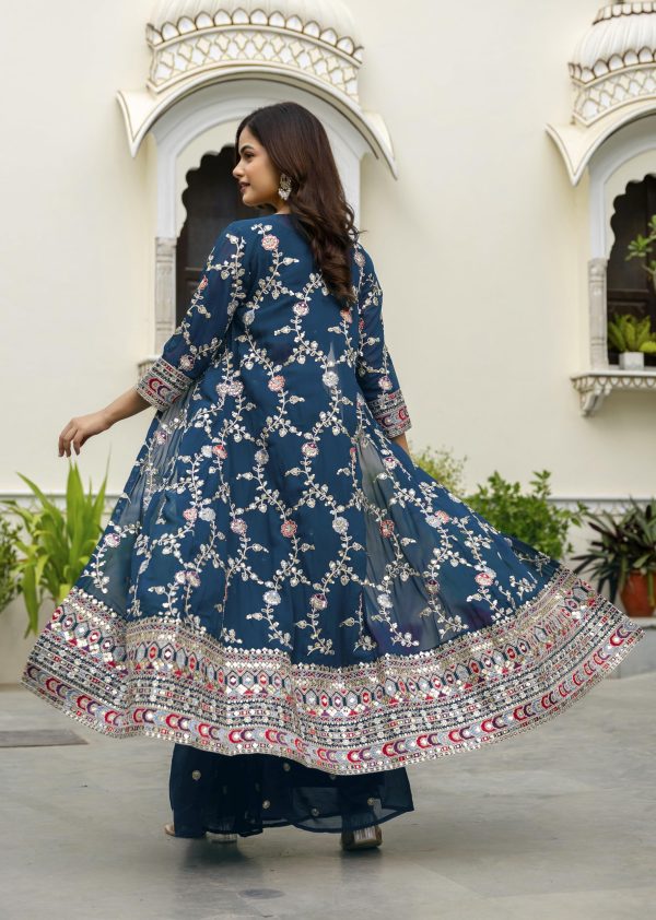 Women's Georgette Embroidery Crop Top with Flared Palazzo and Shrug Set