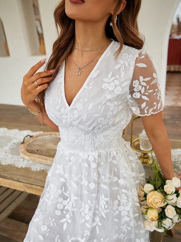 Women's V-Neck Lace Floral Long Dress Embroidery Cocktail Wedding Guest Boho Maxi Dress
