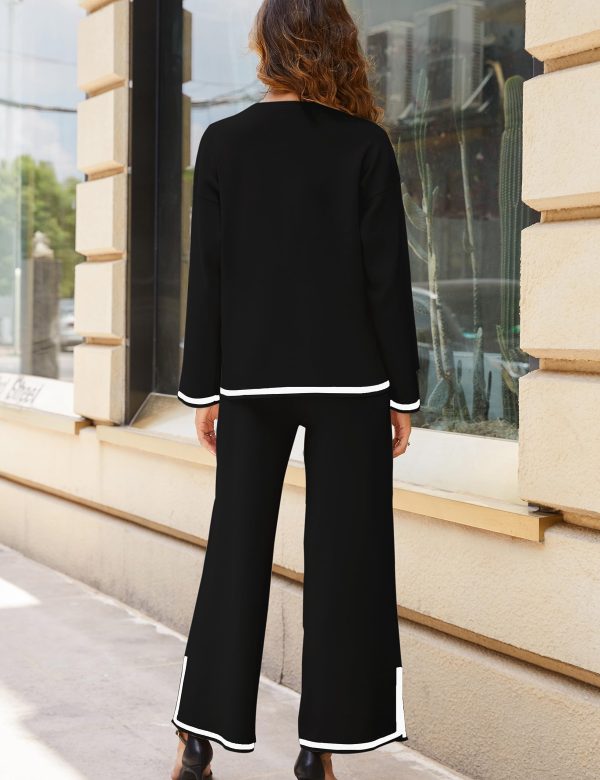 Women's 2 Piece Outfits Long Sleeve Knit Sweater Top Wide Leg Pants Lounge Sets Tracksuits