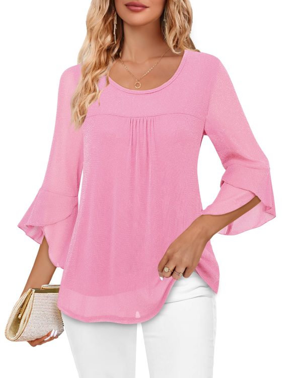 Women's Ruffle 3/4 Sleeve Elegant Dressy Blouses Crew Neck Double Layers Mesh Tunic Tops
