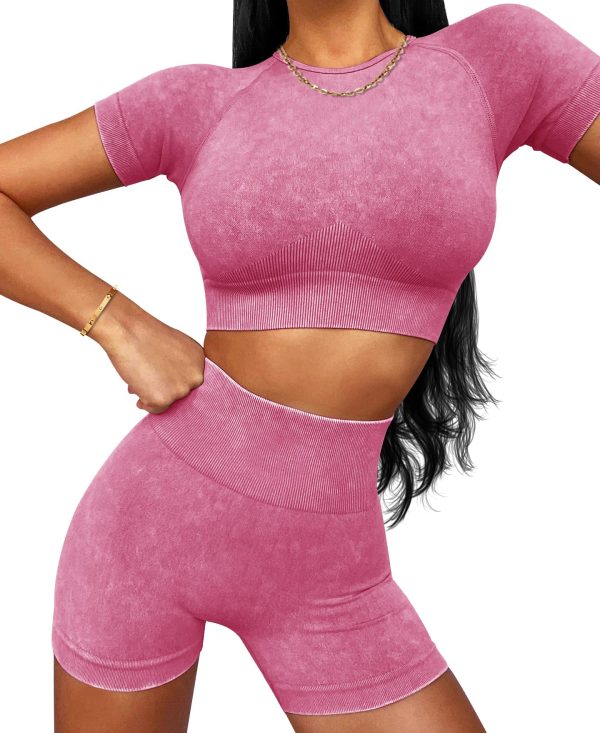 Womens Workout Sets 2 Piece - Seamless Acid Wash Yoga Outfits Shorts and Crop Top Matching Gym Athletic Clothing Set