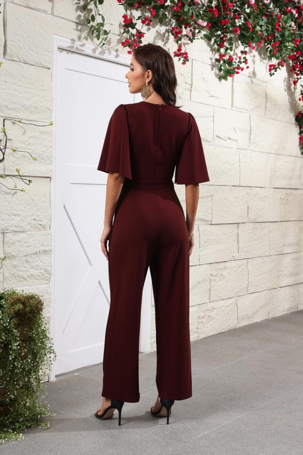 Women Casual Loose Short Sleeve Belted Wide Leg Pant Romper Jumpsuits
