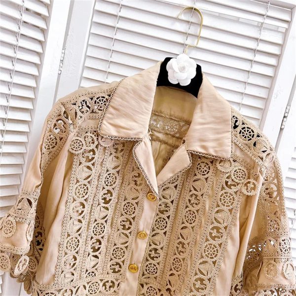 Women’S Embroidered Lace Jacket with Pleated Skirt Set Summer Holiday Wear Hollow Out Design Two Piece Outfit