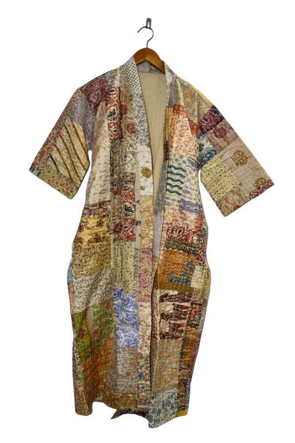 Rajbhoomi Women Kimono Robe Handmade Silk Patola Kantha Quilt Body Warmer Coat Rob Patchwork Overcoat Jacket