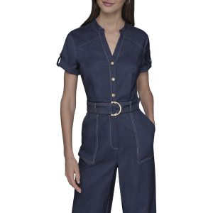 Womens Button Front Belted Jumpsuit