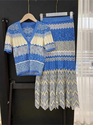 Women's Striped Knit Set - V-Neck Short Sleeve Top & Midi Skirt
