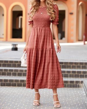 Womens Summer Dresses 2025 Casual Puff Short Sleeve Crewneck Smocked Flowy Ruffle Boho Beach Party Maxi Sundress