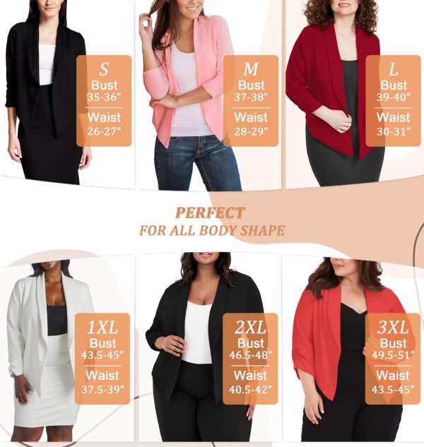 Lightweight Open Front Cardigan Classic Ruched Sleeve Work Office Blazer Suit Jackets