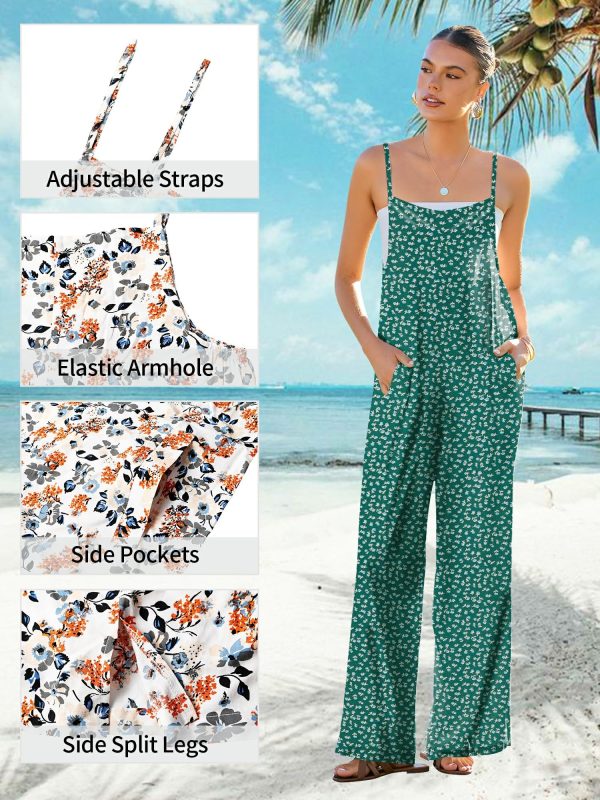 Women's Summer Jumpsuits Boho Wide Leg Overalls Casual Floral Print Rompers Beach Outfits with Pockets