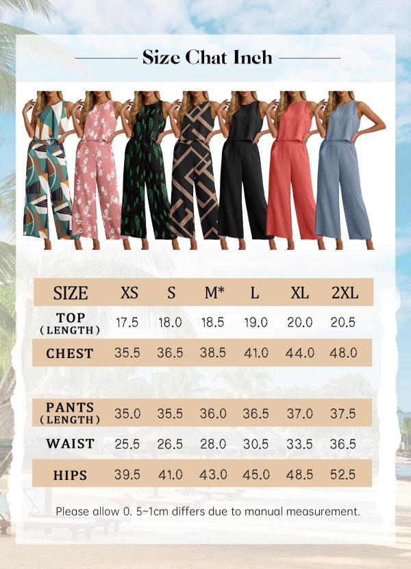 Women's Summer 2 Piece Outfits Set Round neck Sleeveless Tank Crop Top Wide Leg pants Set Pockets Jumpsuits
