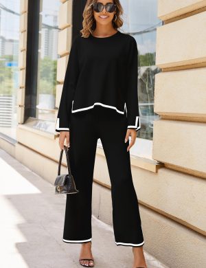 Women's 2 Piece Outfits Long Sleeve Knit Sweater Top Wide Leg Pants Lounge Sets Tracksuits